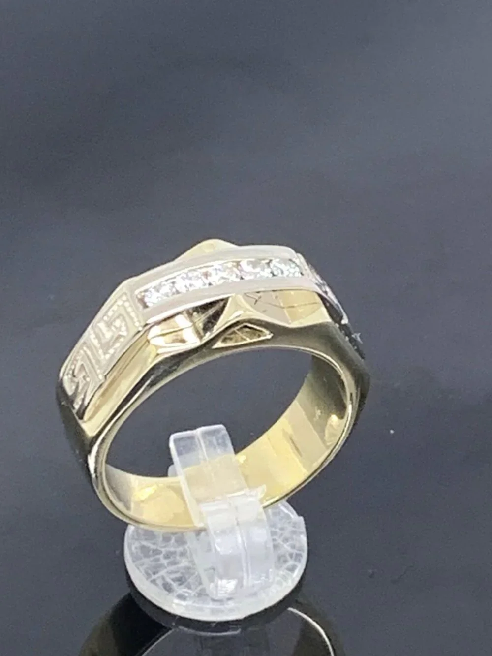 Men's Ring 14k Yellow Gold Diamond 0.25ctw Statement Greek Key Pattern Size 11.5